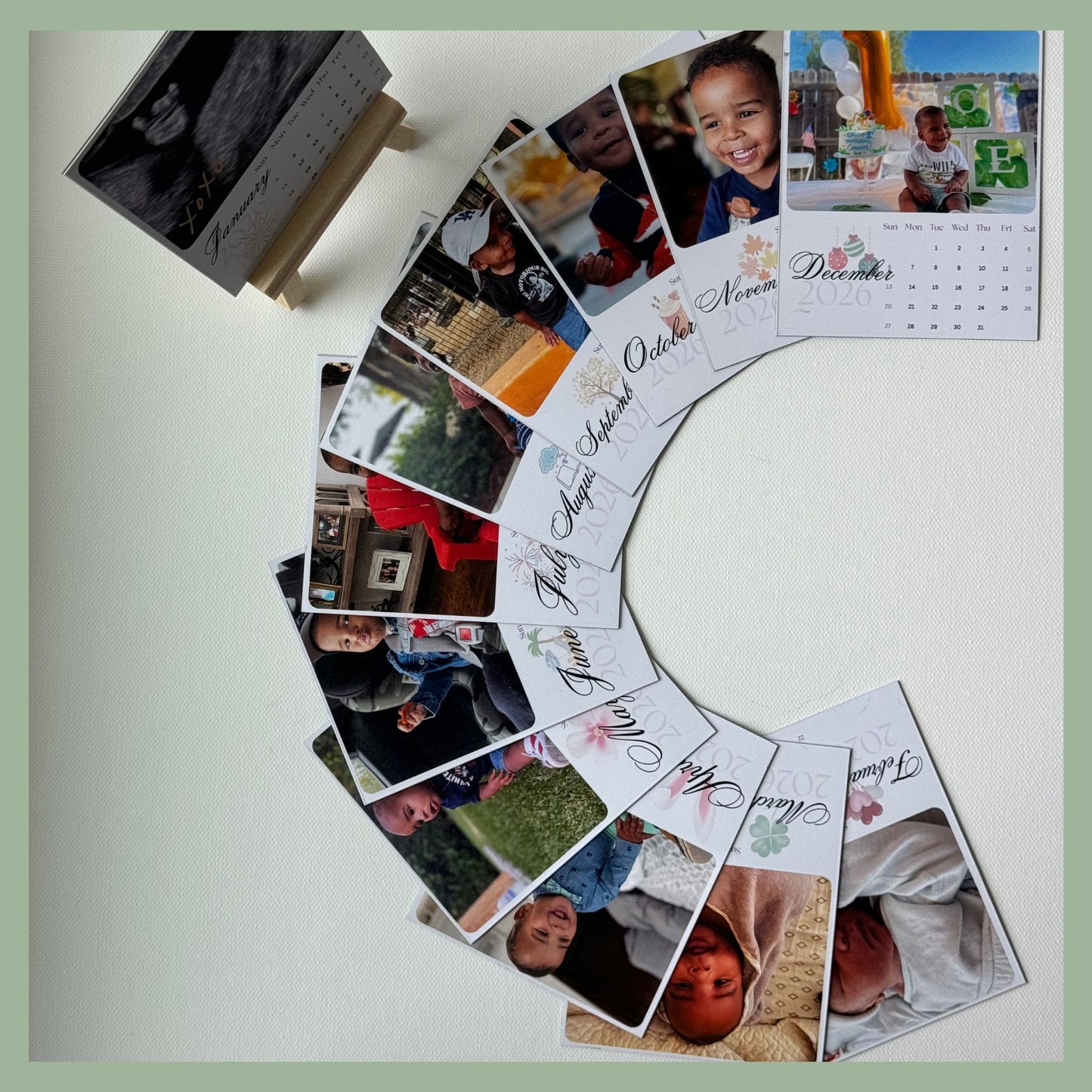 Custom photo magnet calendar display featuring 12 personalized photo magnets with monthly themes — a unique and sentimental gift idea for families, parents, and loved ones. Perfect for preserving memories and decorating your fridge or office. Handmade magnetic photo keepsake with high-quality printing for birthdays, anniversaries, or holiday gifting