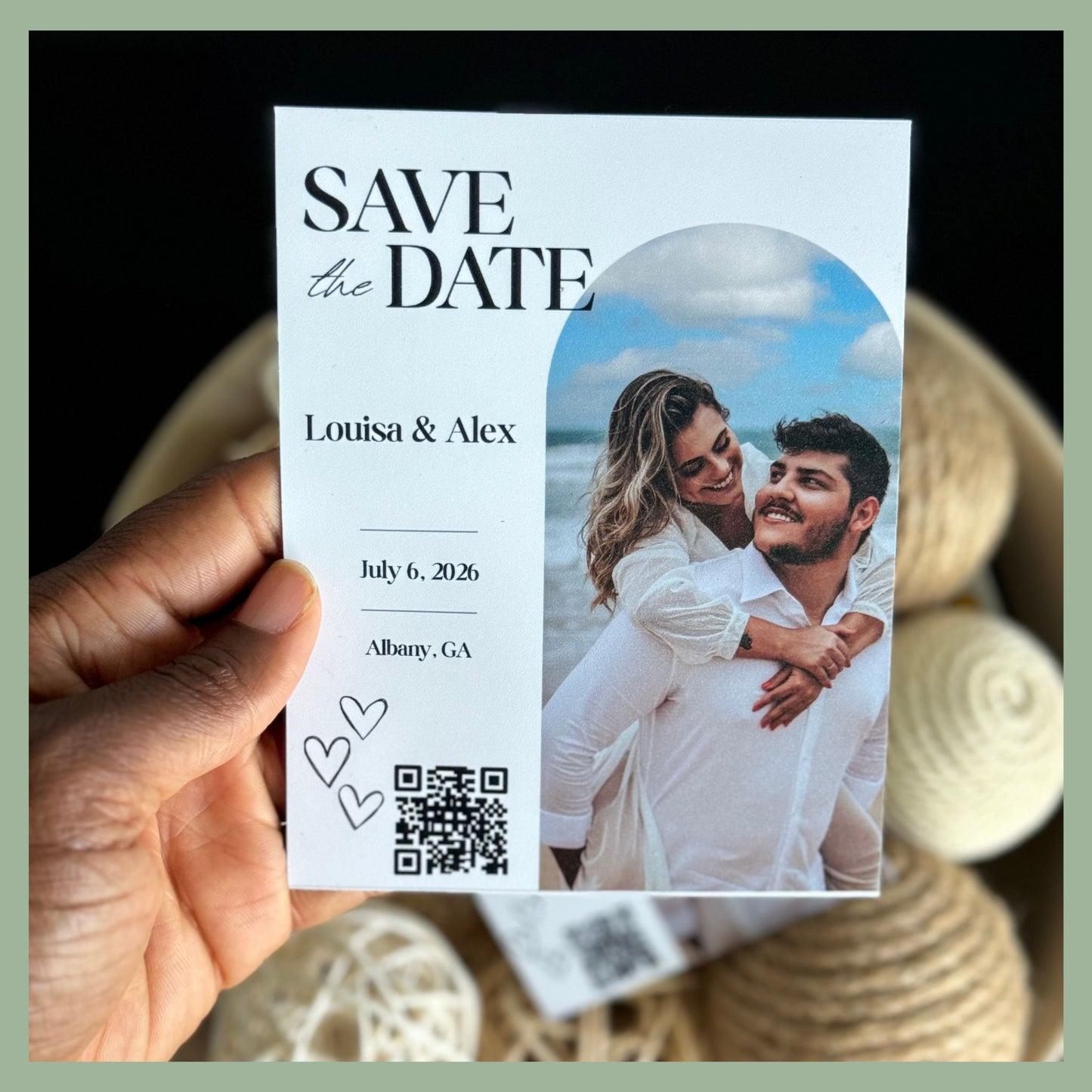Modern Save the Date photo magnet with QR code and personalized couple photo — custom magnetic wedding invitation with date, location, and scannable link. Elegant and stylish fridge magnet for weddings