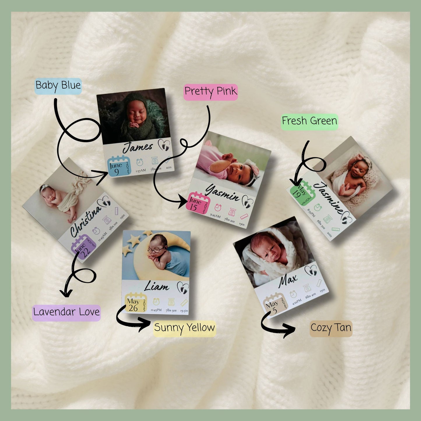 Custom baby announcement magnets shown with personalized birth details and available color options