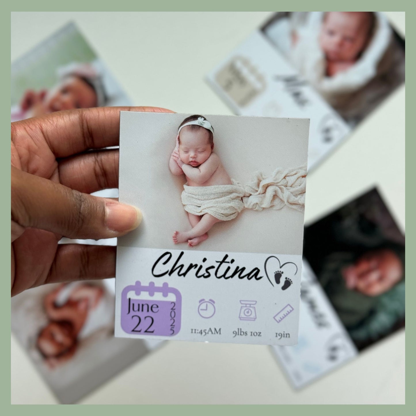 Custom baby photo magnet featuring newborn wrapped in cream blanket with name, birth date, time, weight, and length — personalized keepsake gift by QB Magnetics