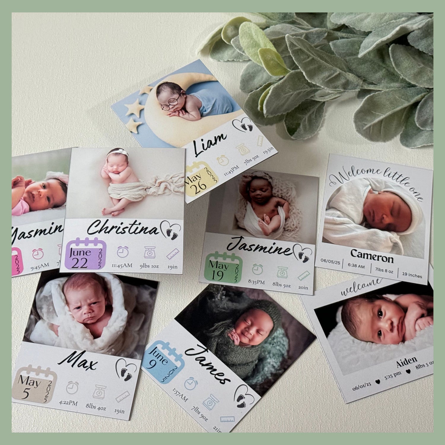 Collection of custom newborn photo magnets with personalized baby names, birth dates, times, weights, and lengths — sentimental keepsake gifts for new parents by QB Magnetics