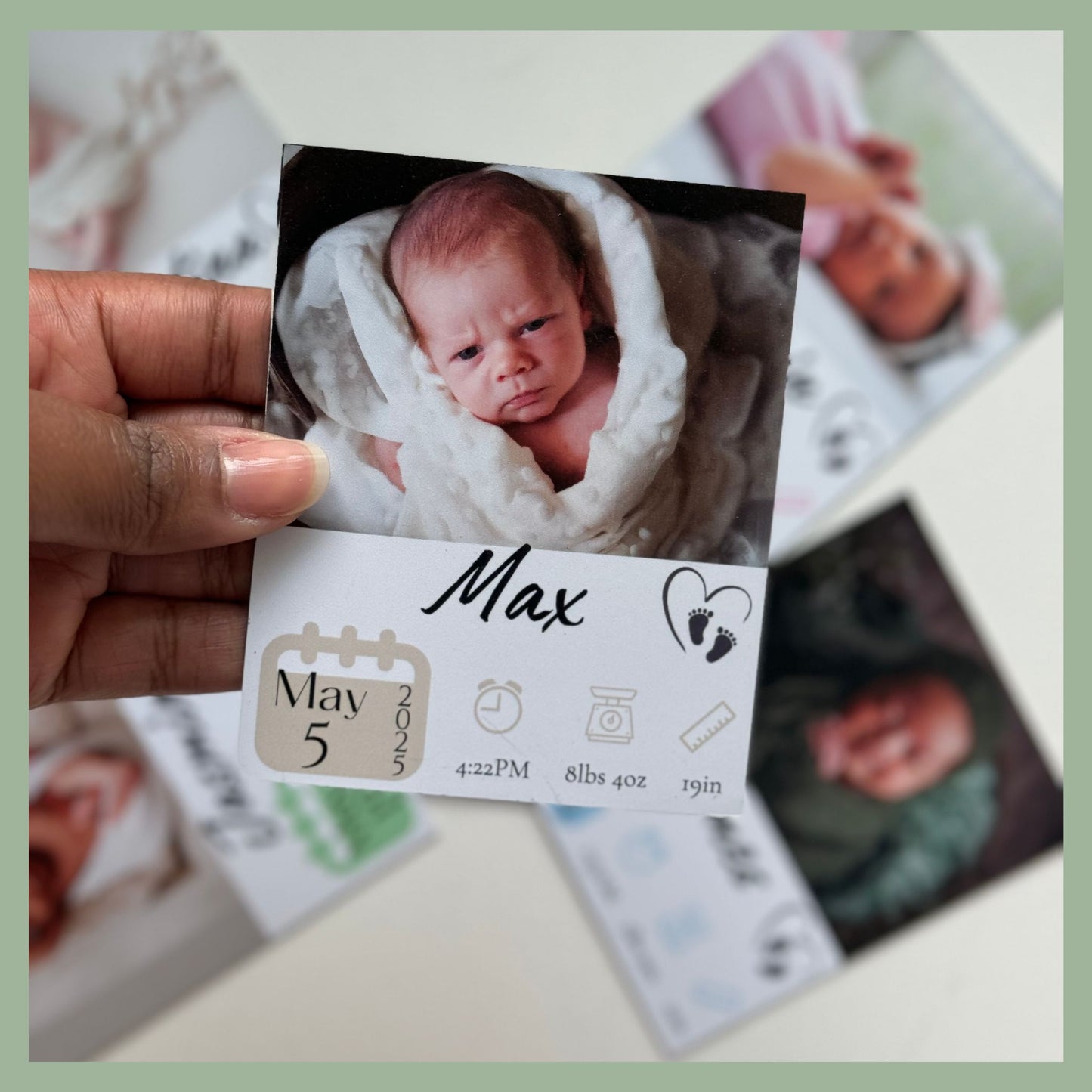 Custom newborn photo birth announcement magnet featuring baby — includes name, birth date, time, weight, and length. Personalized keepsake magnet with baby photo, perfect for new parents and family gifts.