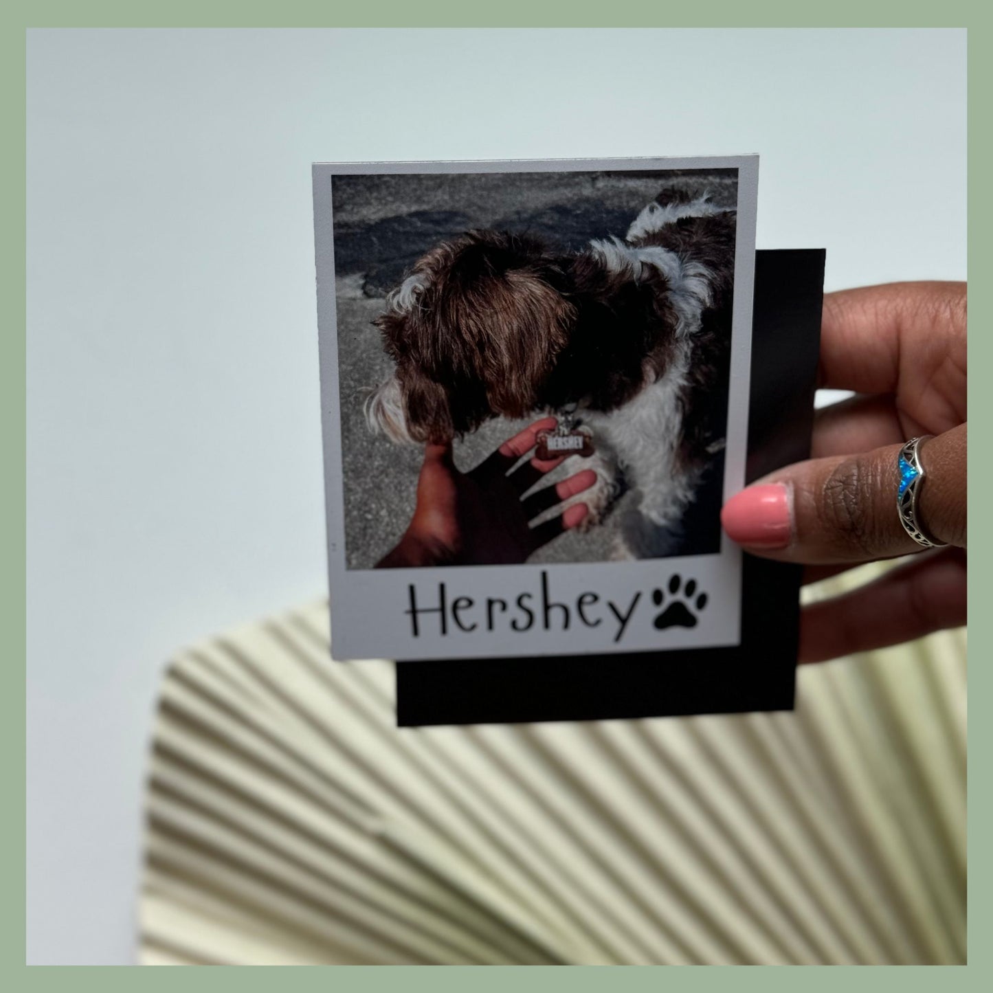 Pet photo magnet with brown dog and name customization