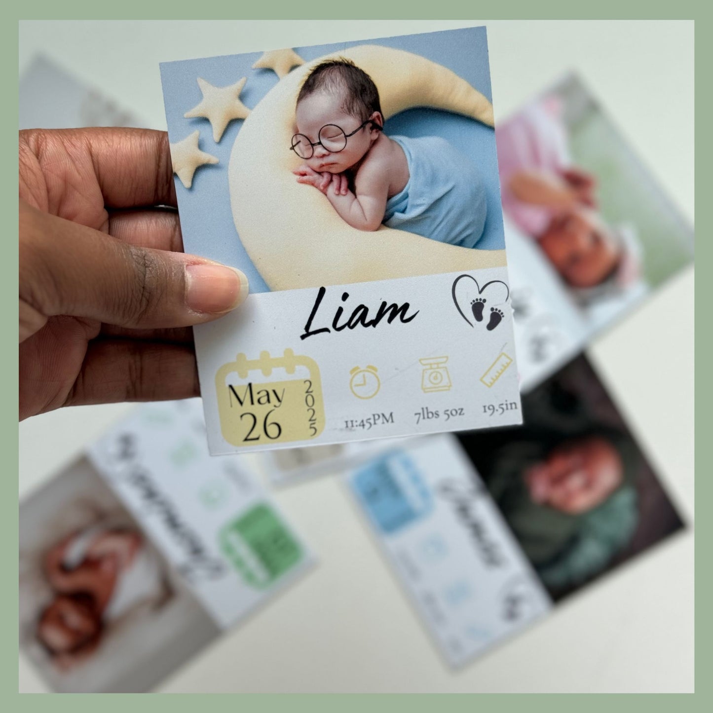 Custom baby photo magnet featuring newborn on a moon and stars backdrop with name, birth date, time, weight, and length — personalized keepsake gift by QB Magnetics