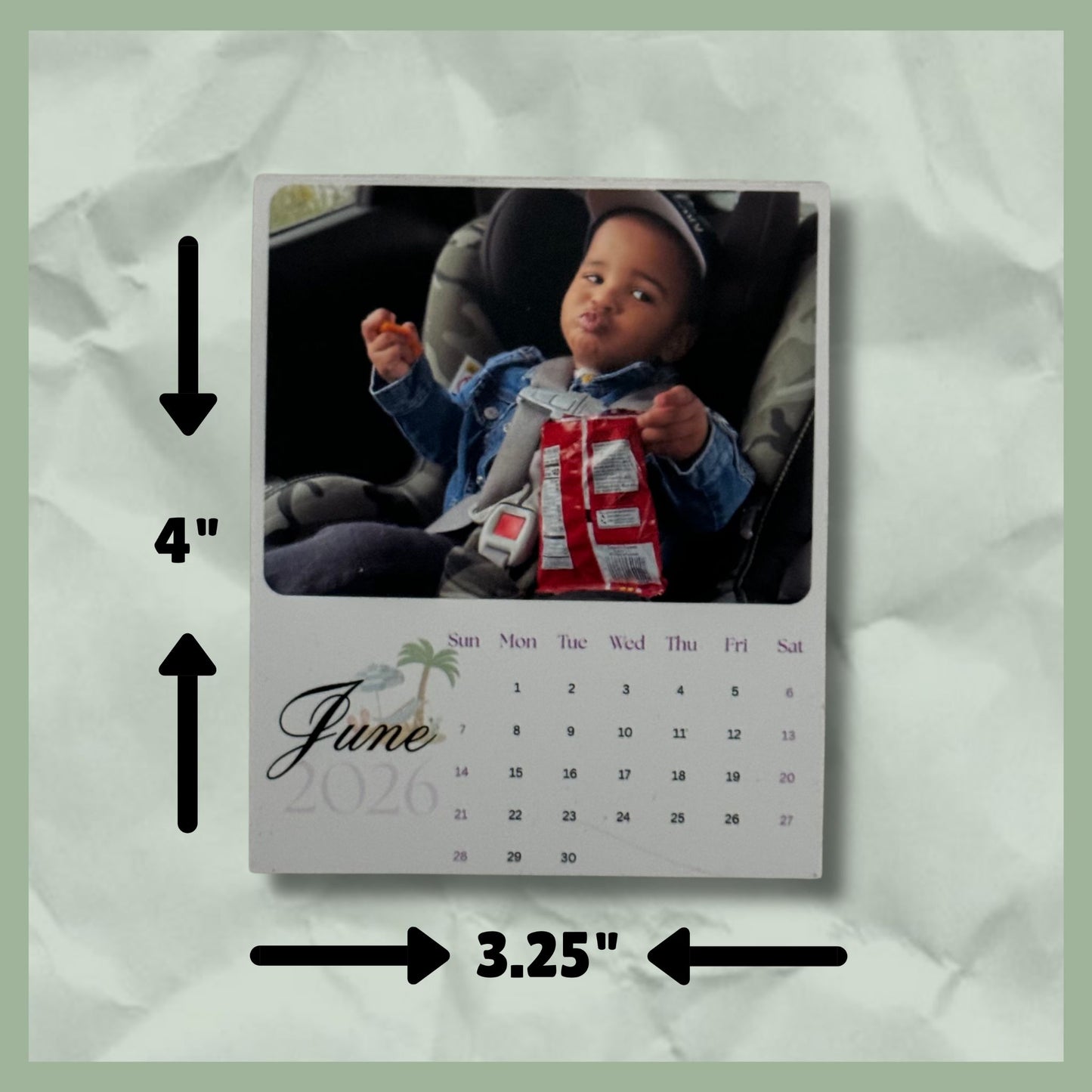 Single personalized photo calendar magnet with 3.25x4 inch dimensions, custom fridge calendar gift