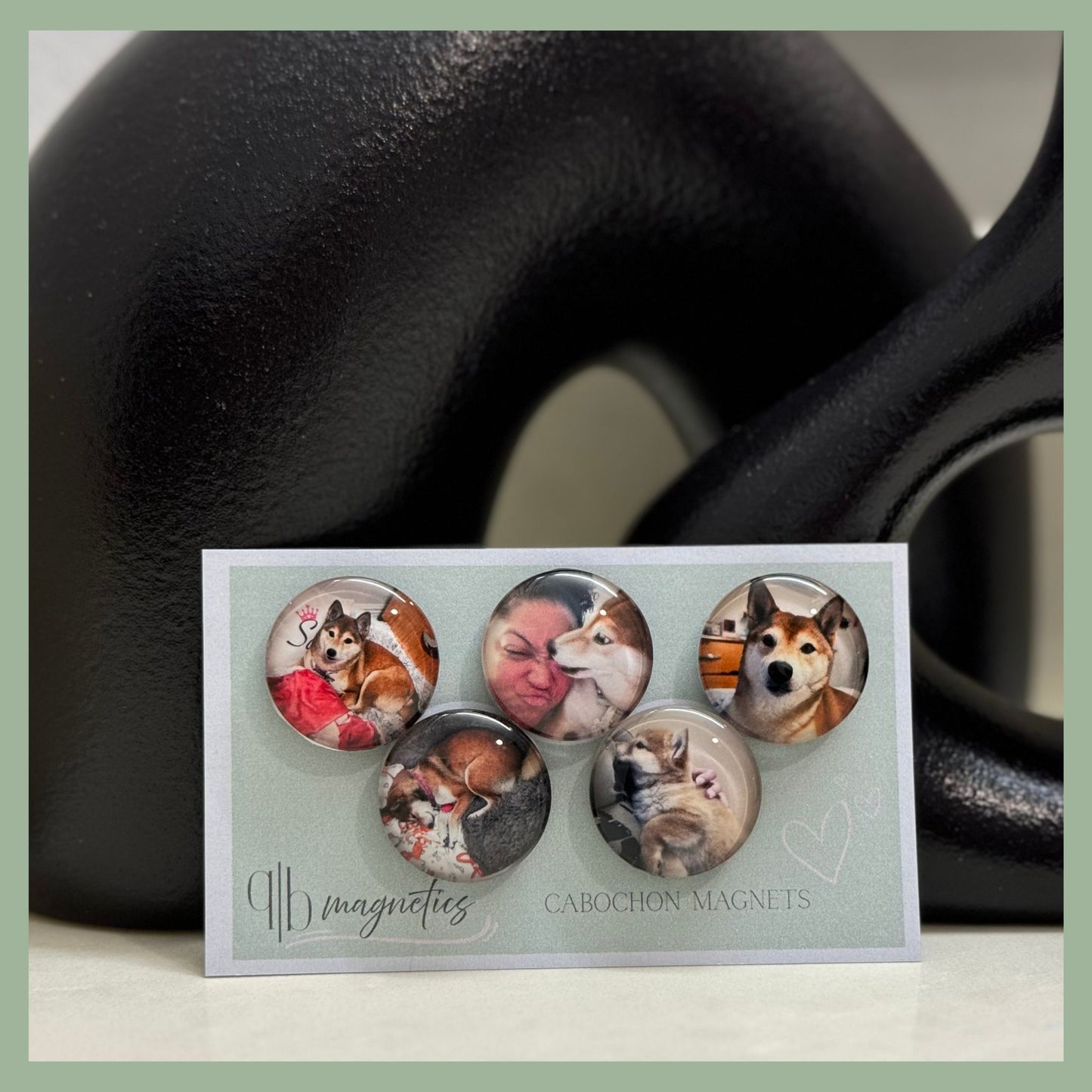 Set of personalized custom photo magnets featuring dogs and owner photos, handmade cabochon-style by QB Magnetics – perfect for pet lovers and fridge décor.