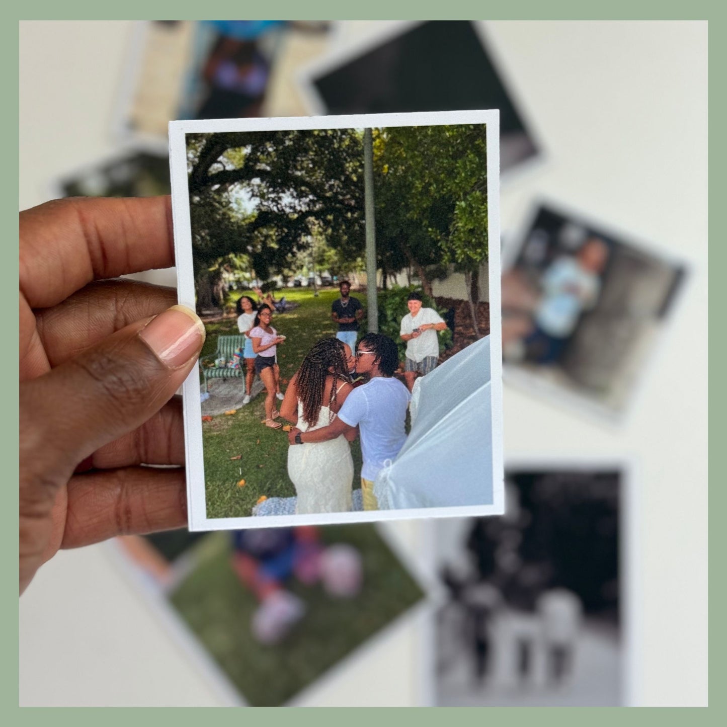 Custom photo magnet of a family celebration outdoors under trees — personalized magnetic keepsake for special moments, reunions, and joyful memories by QB Magnetics