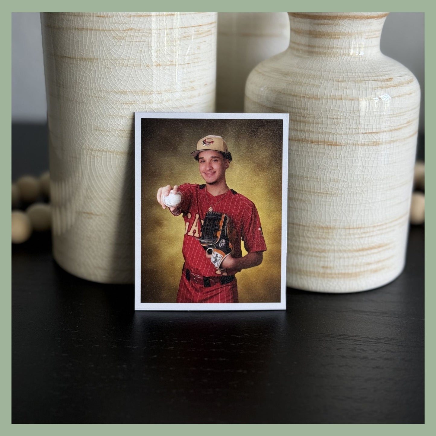 Custom retro Polaroid style photo magnet featuring a baseball player in uniform by QB Magnetics – personalized sports team gift and keepsake.