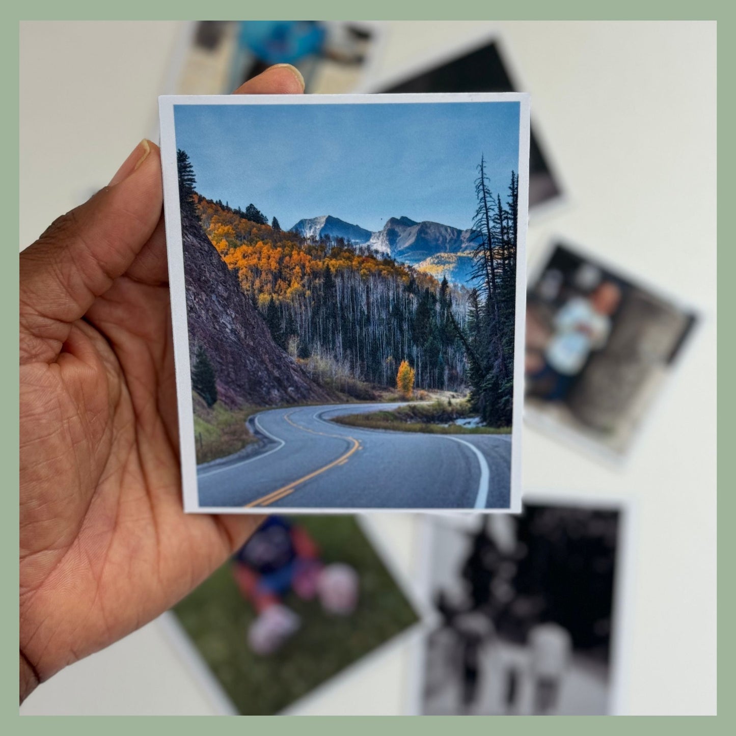 Custom scenic photo magnet featuring a winding mountain road with autumn trees and snowy peaks — personalized travel keepsake by QB Magnetics, great for nature lovers and wanderlust gifts