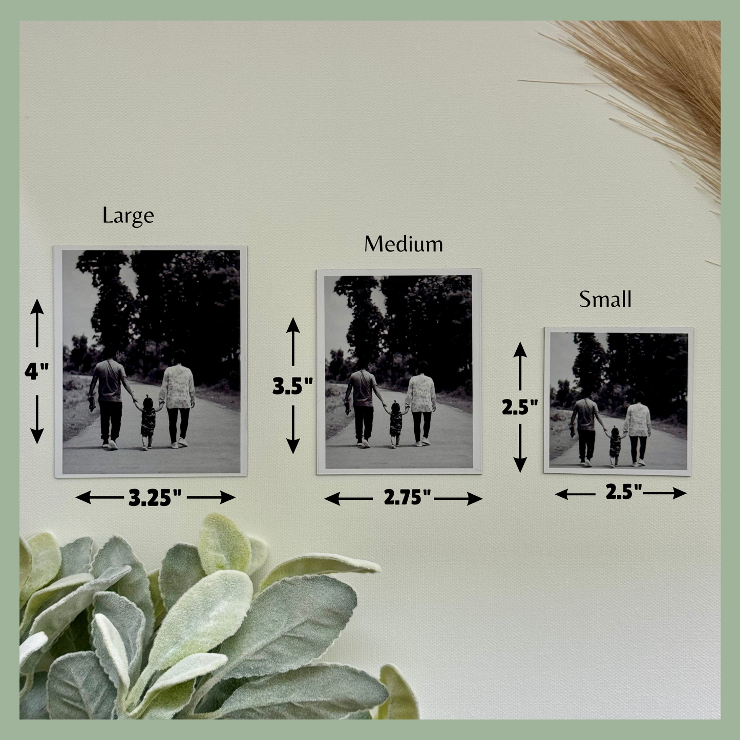 Three custom photo magnets with size comparison, large medium small with measurements, personalized photo magnets