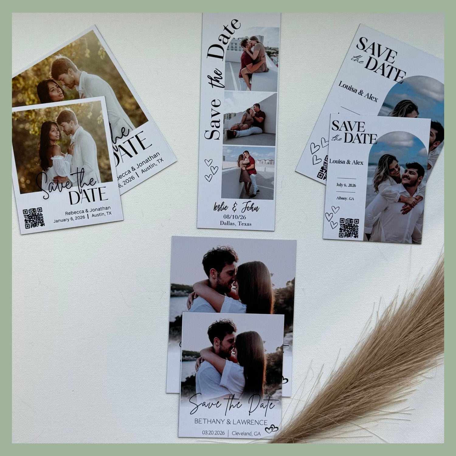 Assorted custom Save the Date photo magnets in multiple modern styles and layouts, featuring couple portraits, wedding dates, and QR codes – perfect for personalized wedding announcements and fridge keepsakes by QB Magnetics