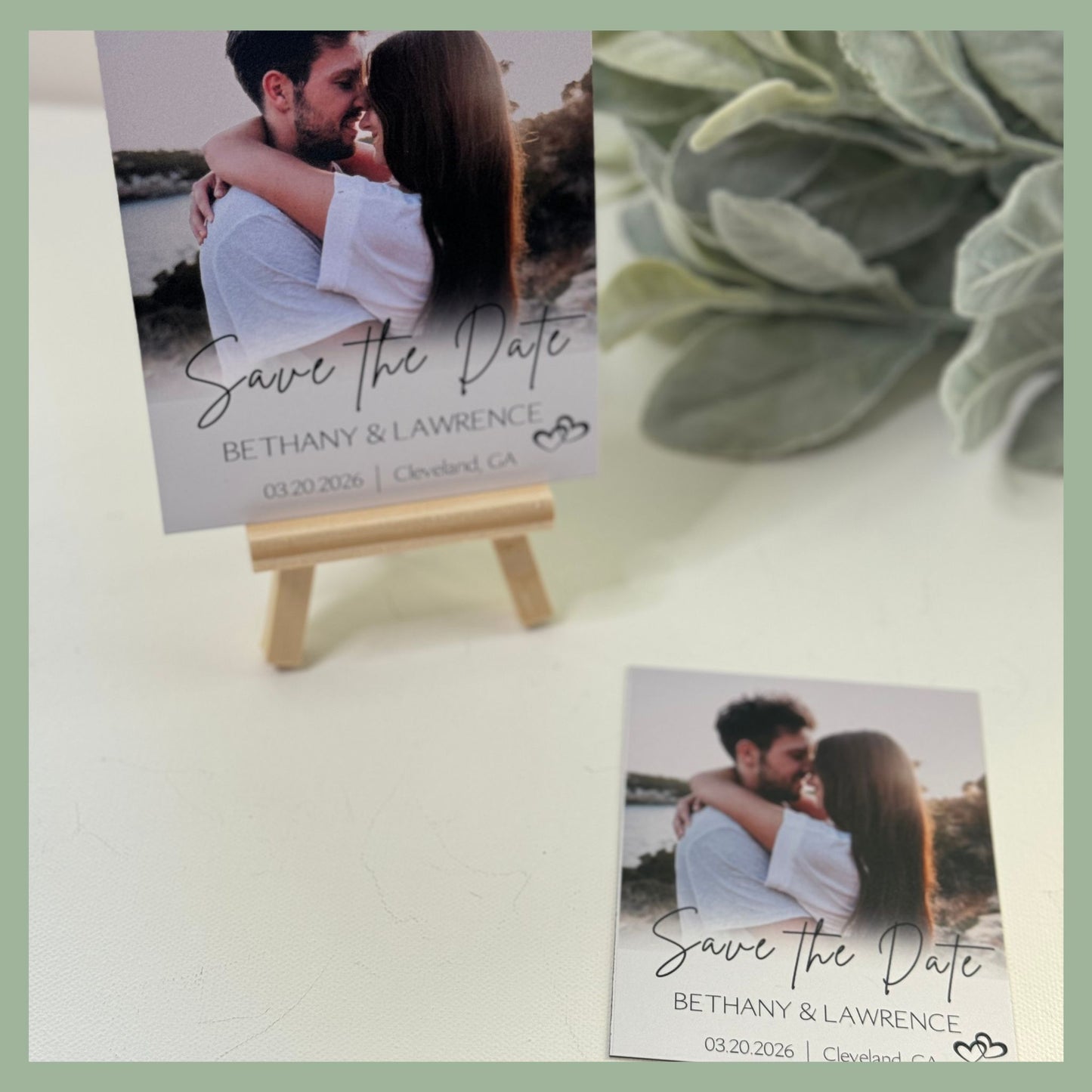 Custom save the date photo magnets displayed with wedding details