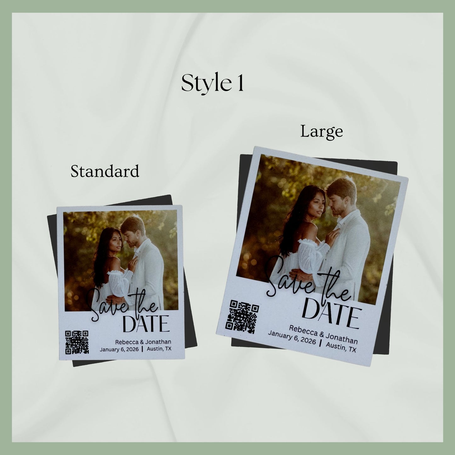 Style 1 custom Save the Date photo magnets in standard and large sizes, featuring engagement photo, wedding details, and scannable QR code – perfect for personalized wedding announcements by QB Magnetics