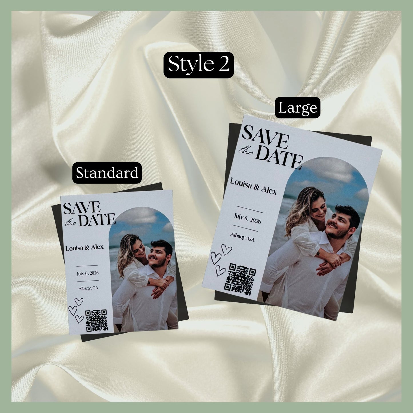 Custom Save the Date photo magnets in two sizes – standard and large – with QR code, perfect for weddings and engagement announcements by QB Magnetics