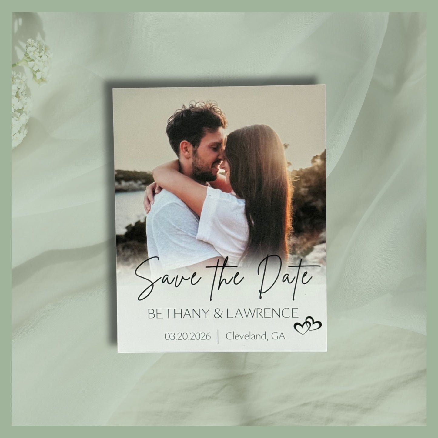 Elegant save the date photo magnet with couple photo and wedding details