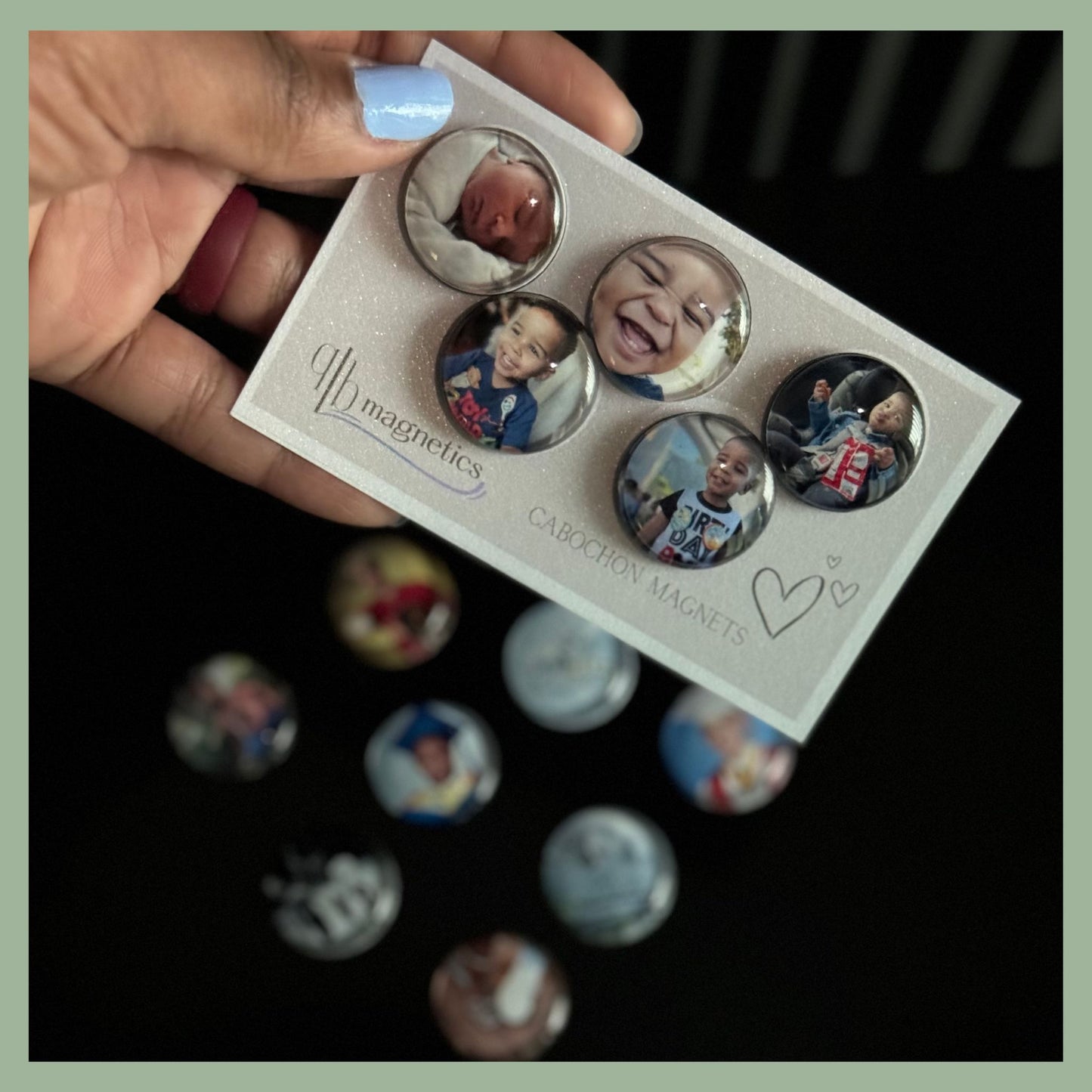 Set of custom glass cabochon photo magnets displayed on a card