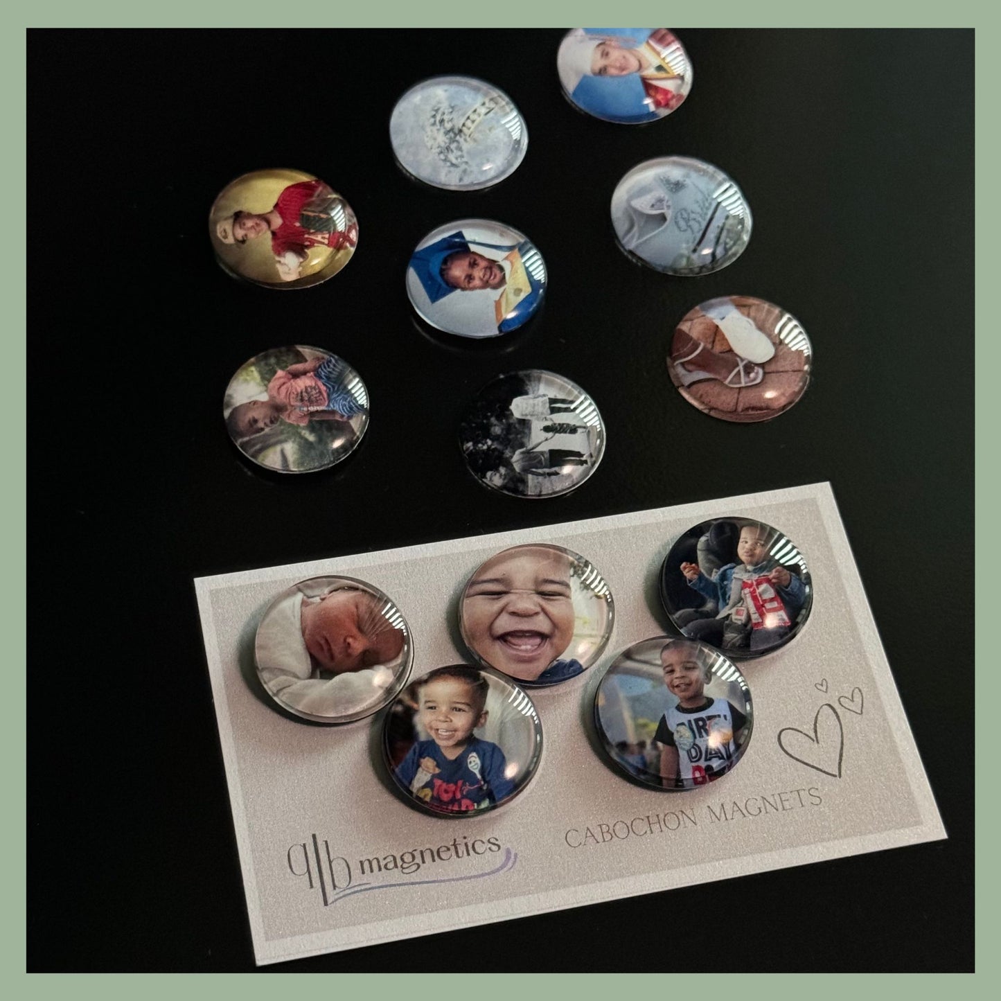 Variety of glass cabochon photo magnets with portraits and memories