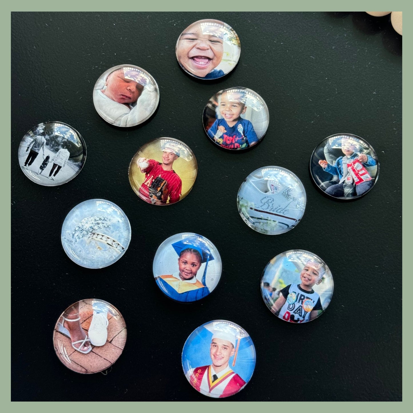 Assortment of round glass cabochon photo magnets with different photos