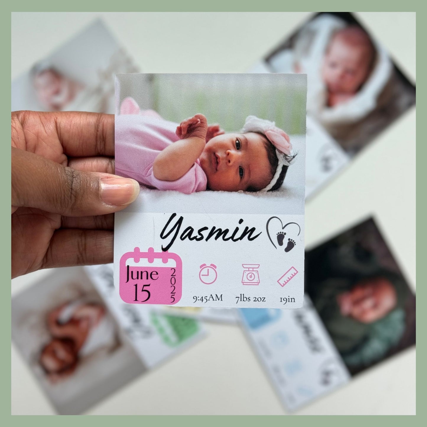 Custom newborn photo magnet featuring baby with name, birth date, time, weight, and length — personalized birth announcement keepsake by QB Magnetics