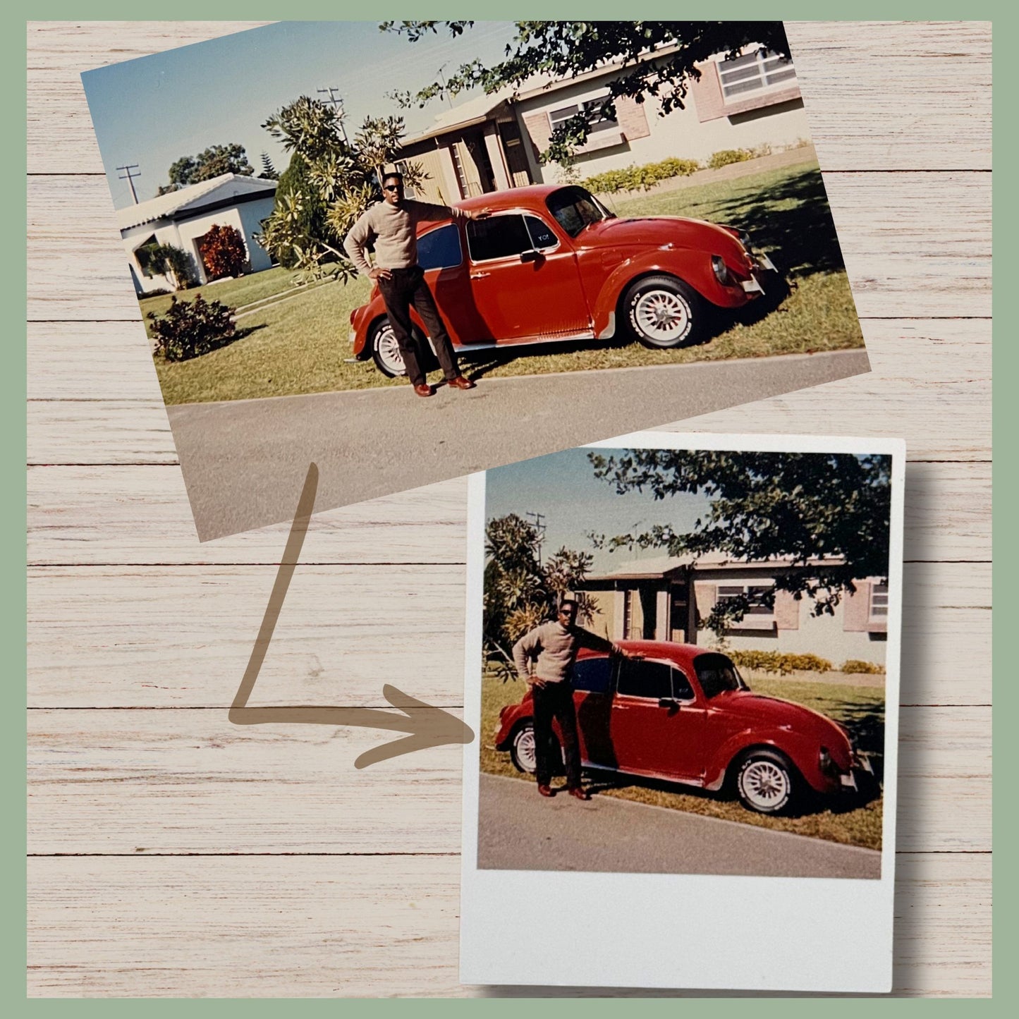 Custom photo magnet showing transformation from original print to Polaroid-style magnet