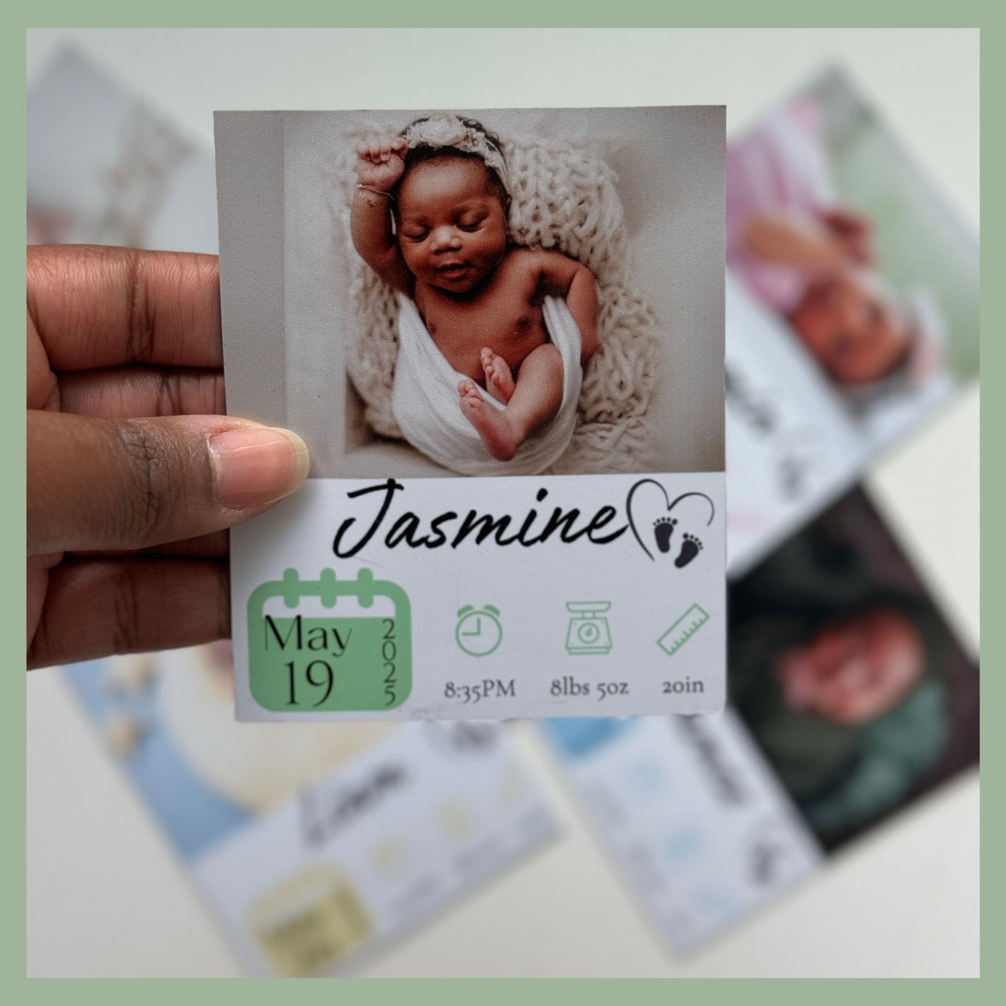 Newborn announcement magnet with photo, name, and icons for time, weight, and height — sentimental gift for new parents