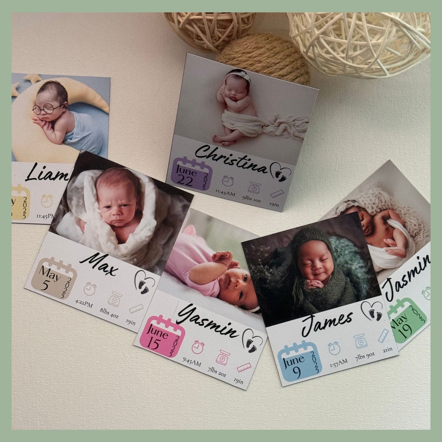 Personalized baby announcement photo magnets with newborn photo and custom birth stats