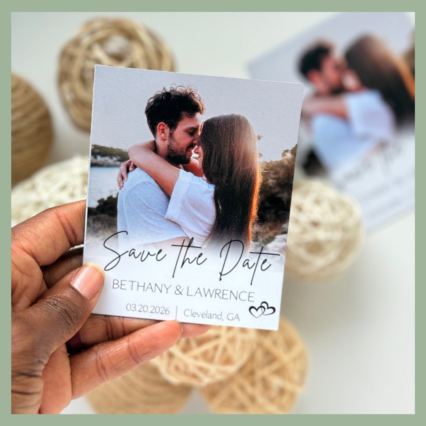 Personalized photo magnet Save the Date card featuring a couple's engagement photo and wedding details — custom magnetic keepsake for weddings, engagements, and bridal announcements. Elegant and modern design perfect for fridge displays and guest reminders. Unique wedding stationery alternative for couples planning memorable, photo-based invitations.