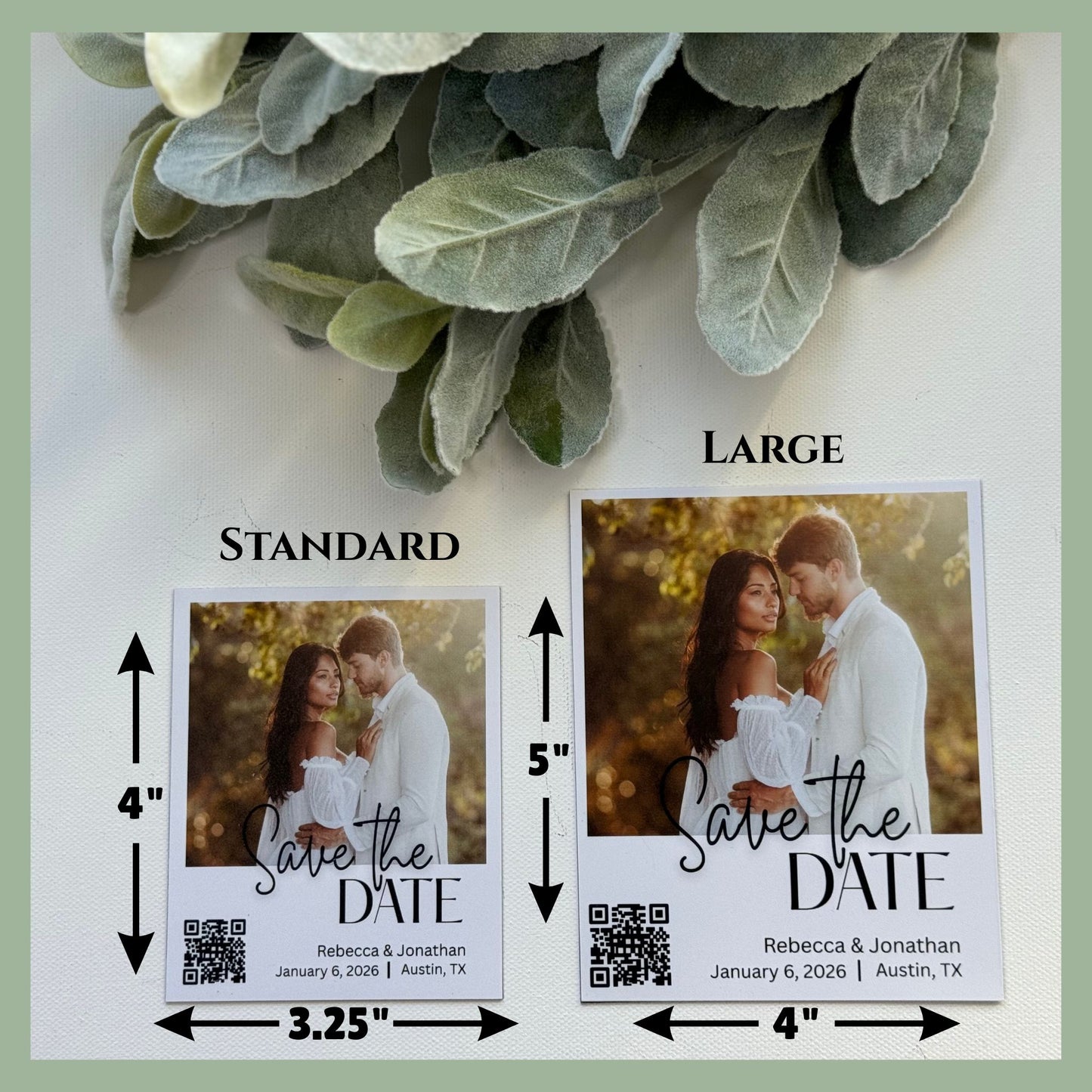 Custom square save the date photo magnets with QR code for weddings in two size options