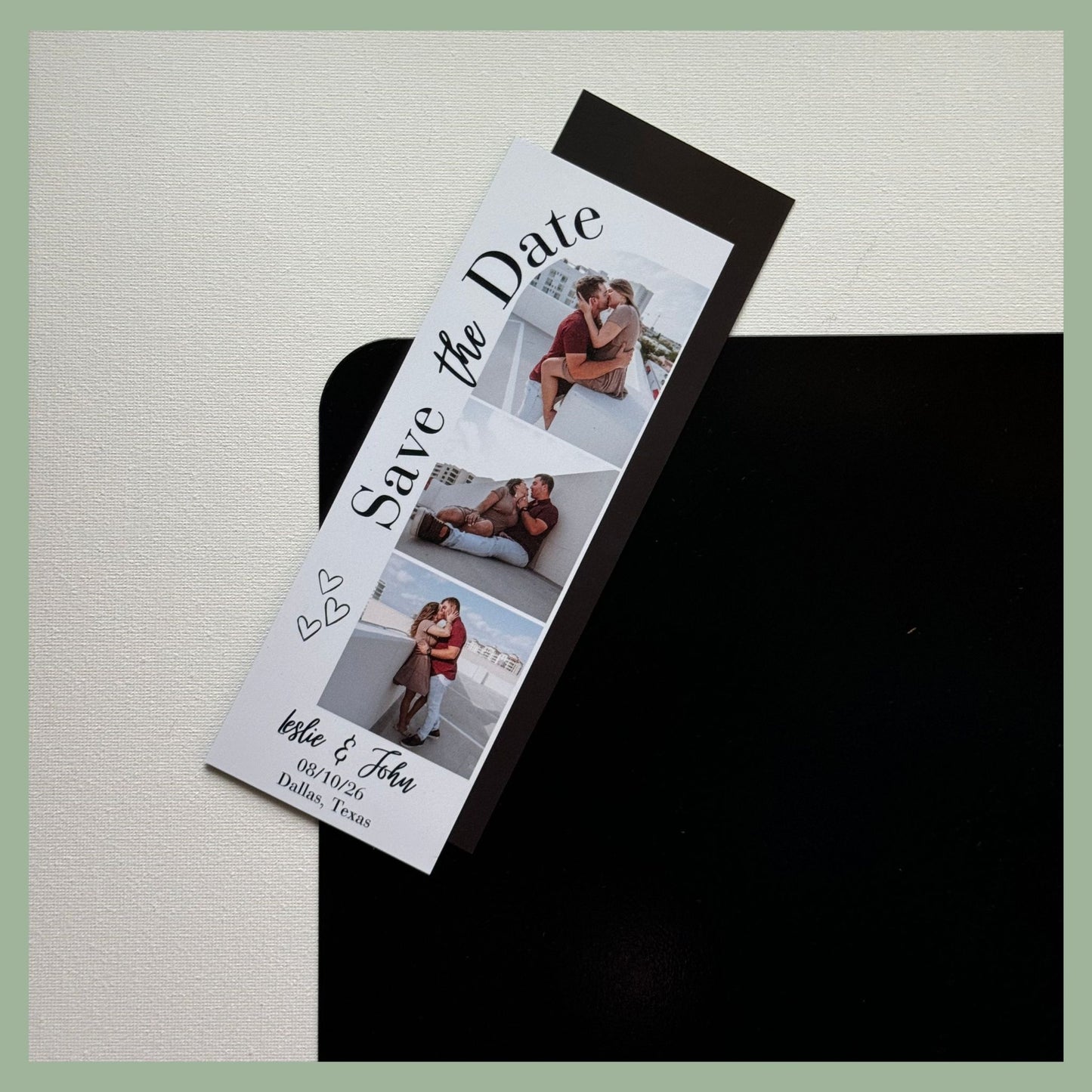 Flat view of a custom save the date photo strip magnet with couple engagement photos and wedding announcement