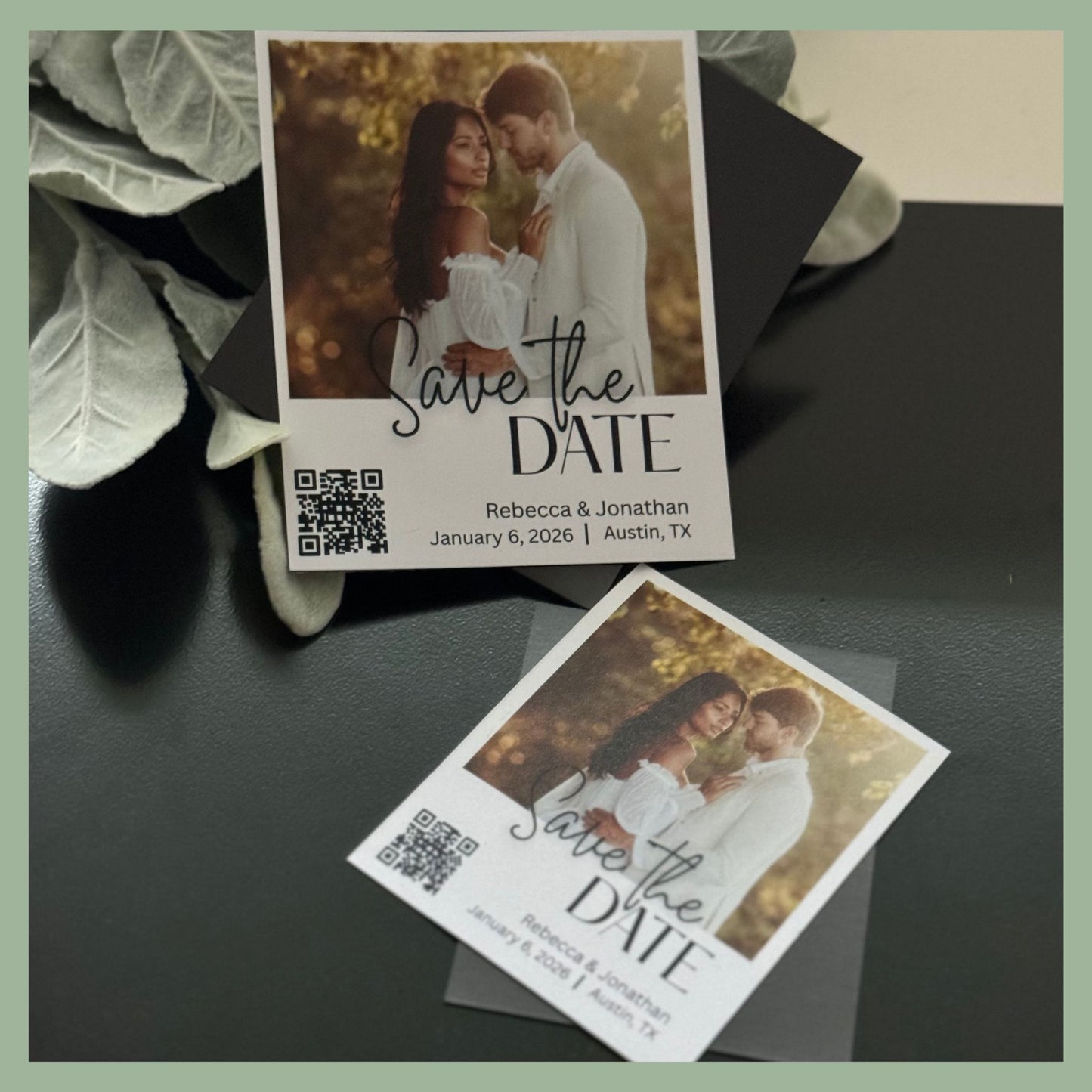 Square save the date photo magnets featuring wedding details and QR code