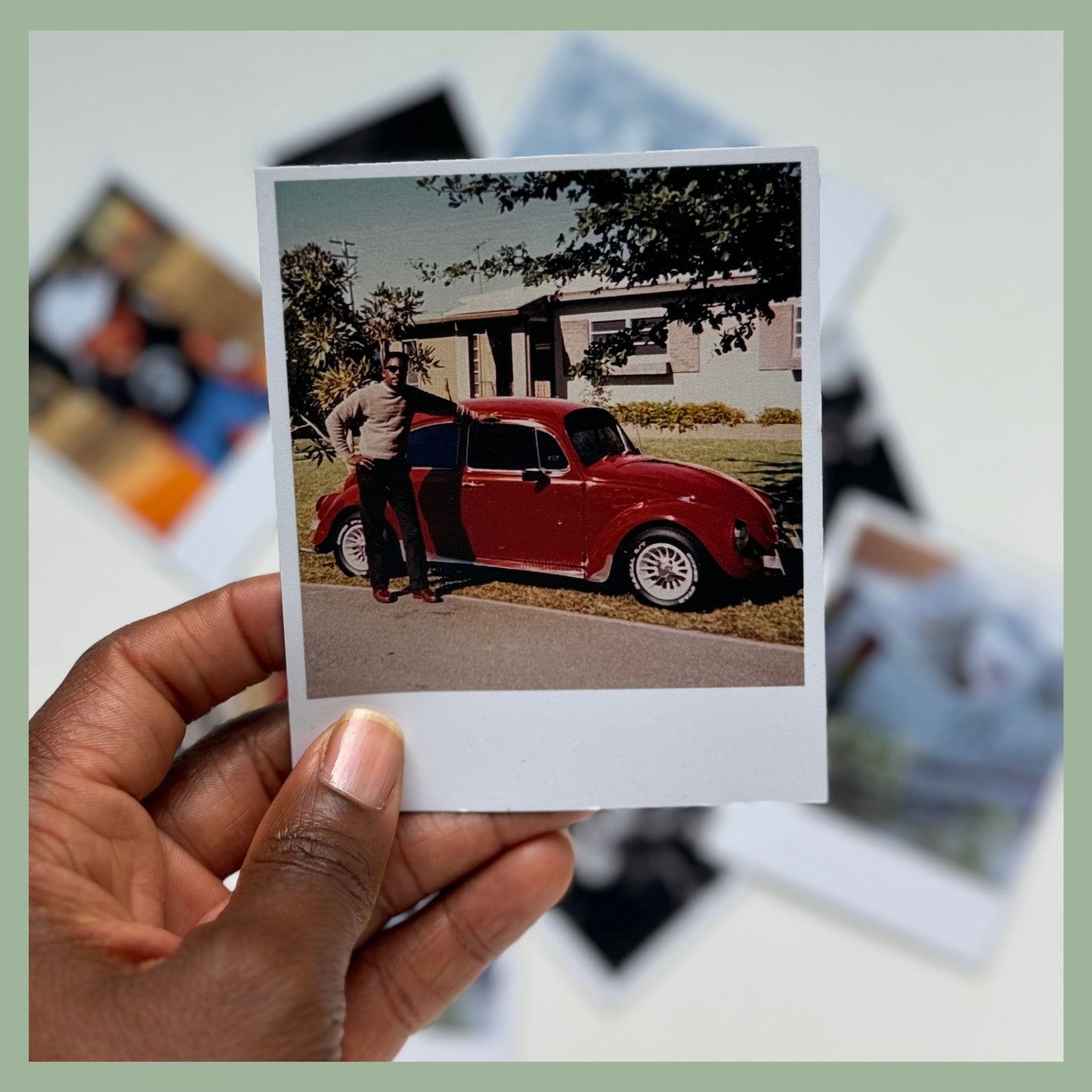 Custom photo magnet of a vintage red Volkswagen Beetle with man posing beside it — retro Polaroid-style magnet for memory preservation and sentimental gifts by QB Magnetics
