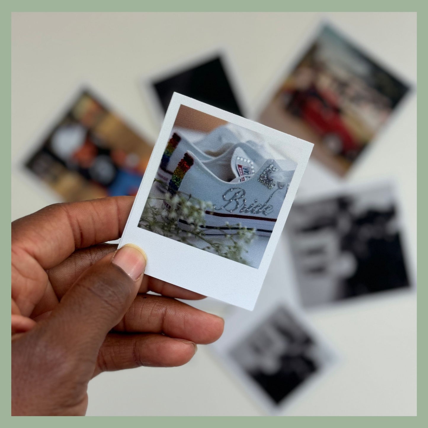 Custom photo magnet featuring white sneakers with 'Bride' rhinestone detail and baby’s breath flowers — personalized bridal keepsake or wedding gift by QB Magnetics
