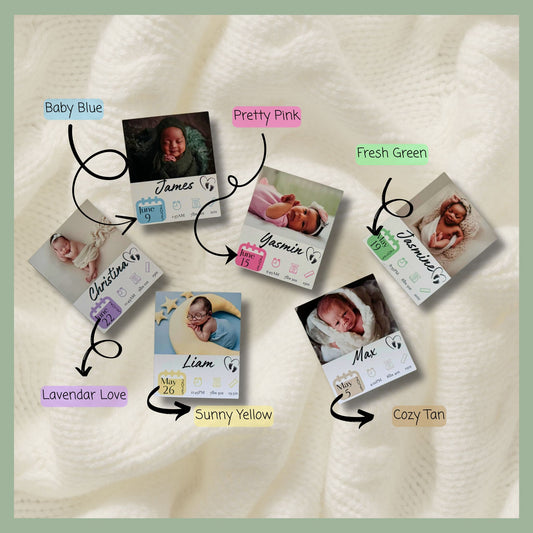Custom baby announcement magnets shown with personalized birth details and available color options
