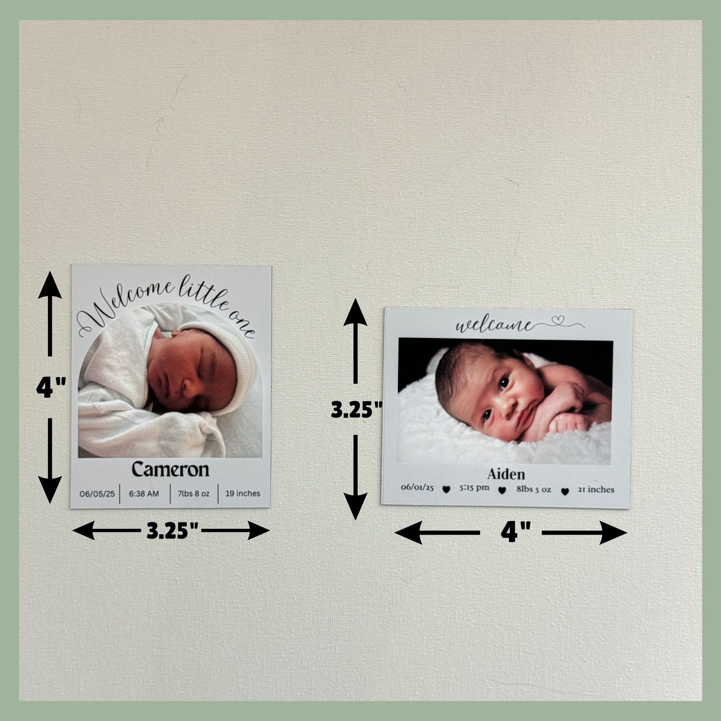 Two personalized baby birth announcement photo magnets with custom newborn details and dimensions