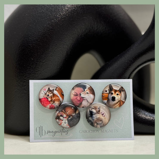 Set of personalized custom photo magnets featuring dogs and owner photos, handmade cabochon-style by QB Magnetics – perfect for pet lovers and fridge décor.