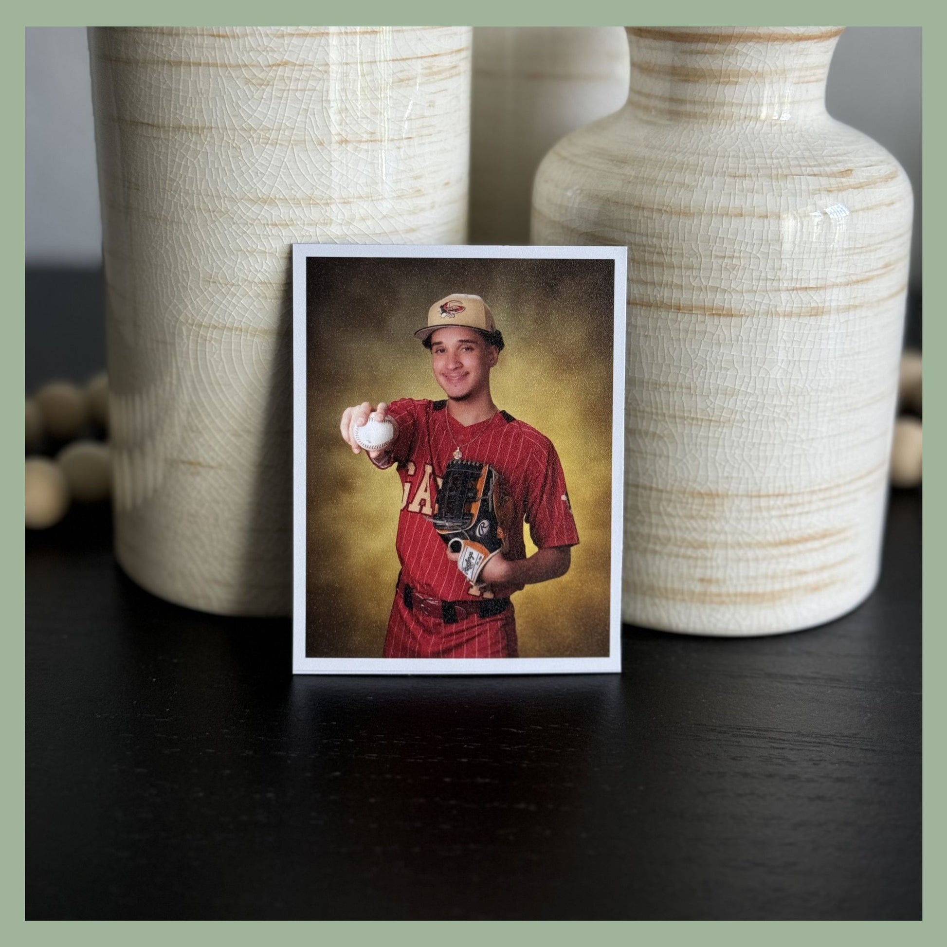 Custom retro Polaroid style photo magnet featuring a baseball player in uniform by QB Magnetics – personalized sports team gift and keepsake.
