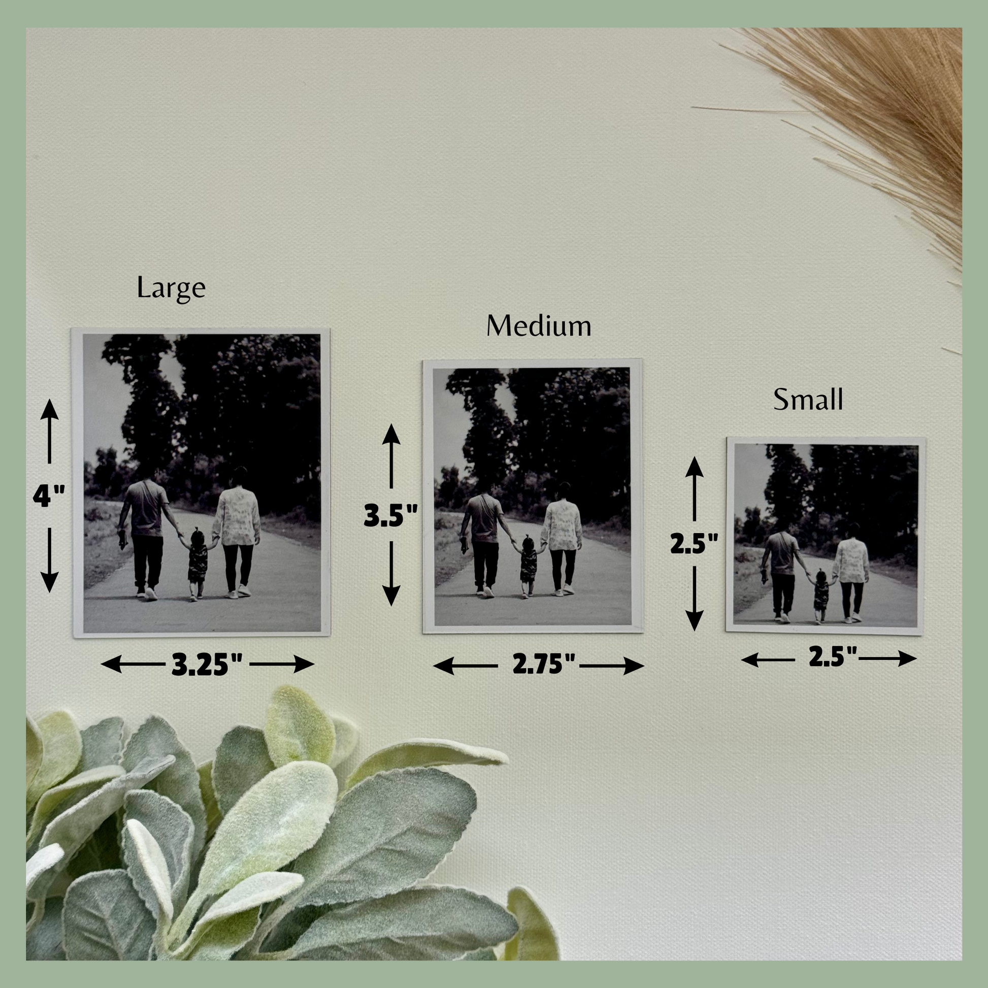 Three custom photo magnets with size comparison, large medium small with measurements, personalized photo magnets