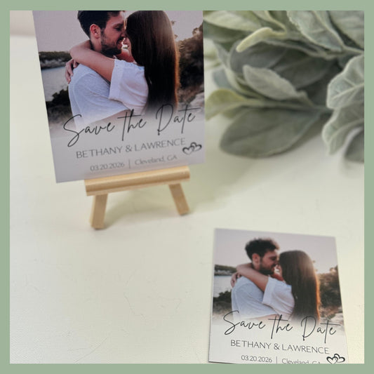 Custom save the date photo magnets displayed with wedding details