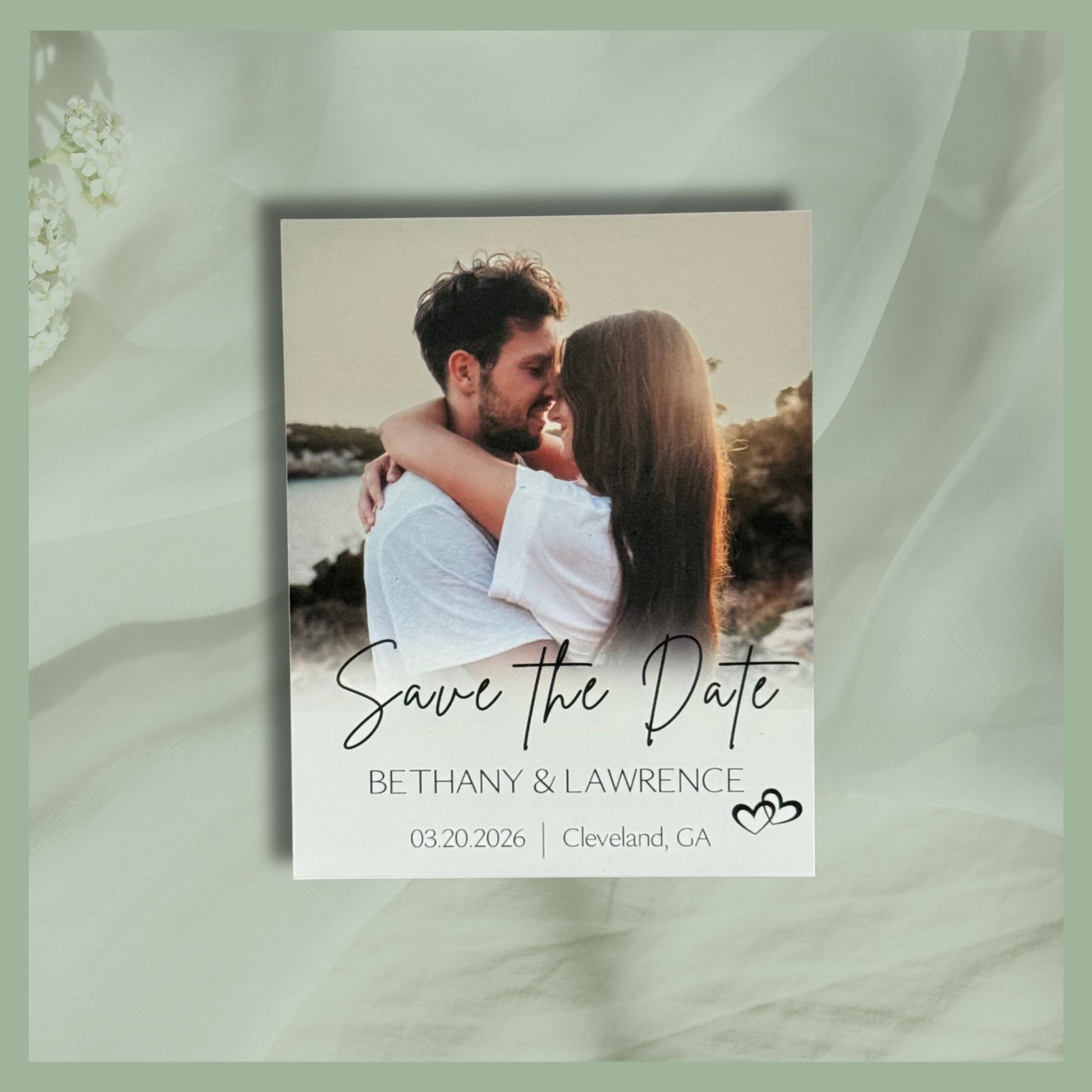 Elegant save the date photo magnet with couple photo and wedding details