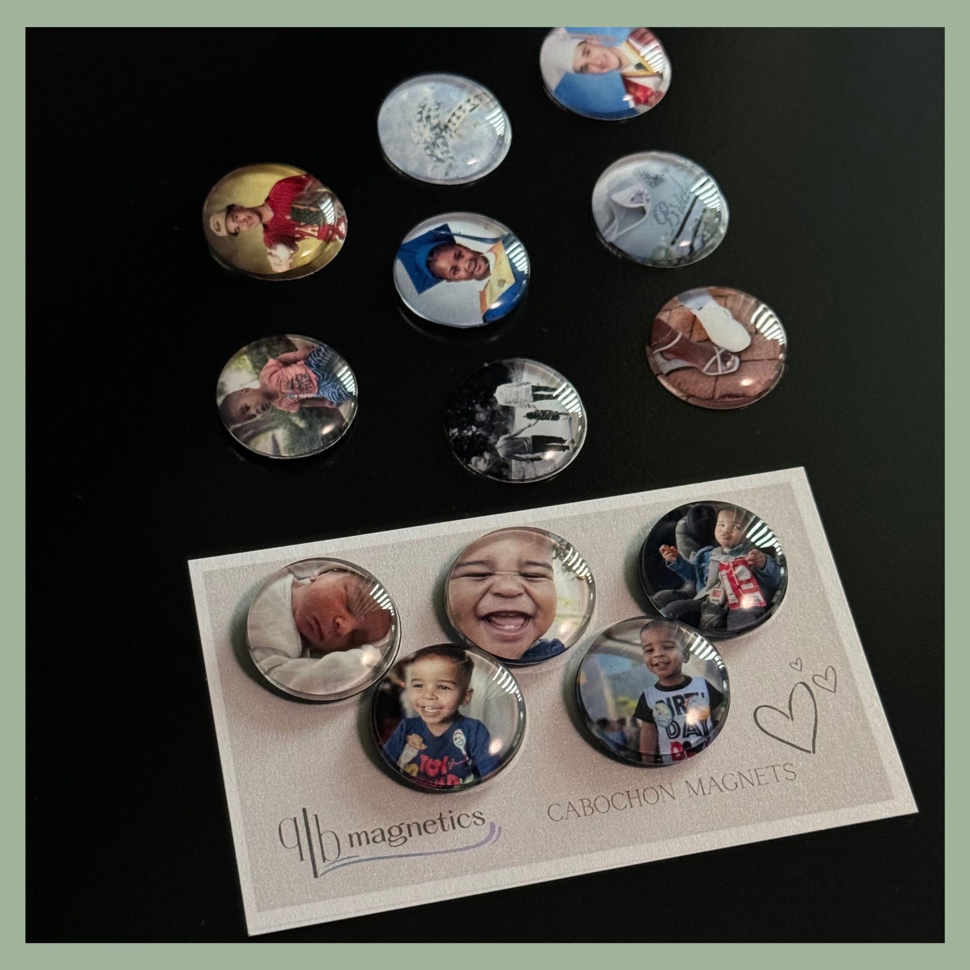 Variety of glass cabochon photo magnets with portraits and memories