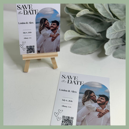Modern save the date magnet with photo and QR code for wedding invitations