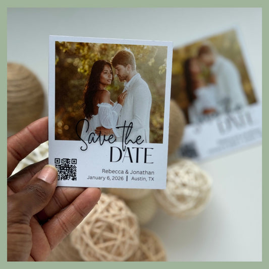 Elegant Save the Date photo magnet featuring engaged couple and QR code — custom wedding announcement with names, date, and location. Perfect for modern fridge display keepsakes.
