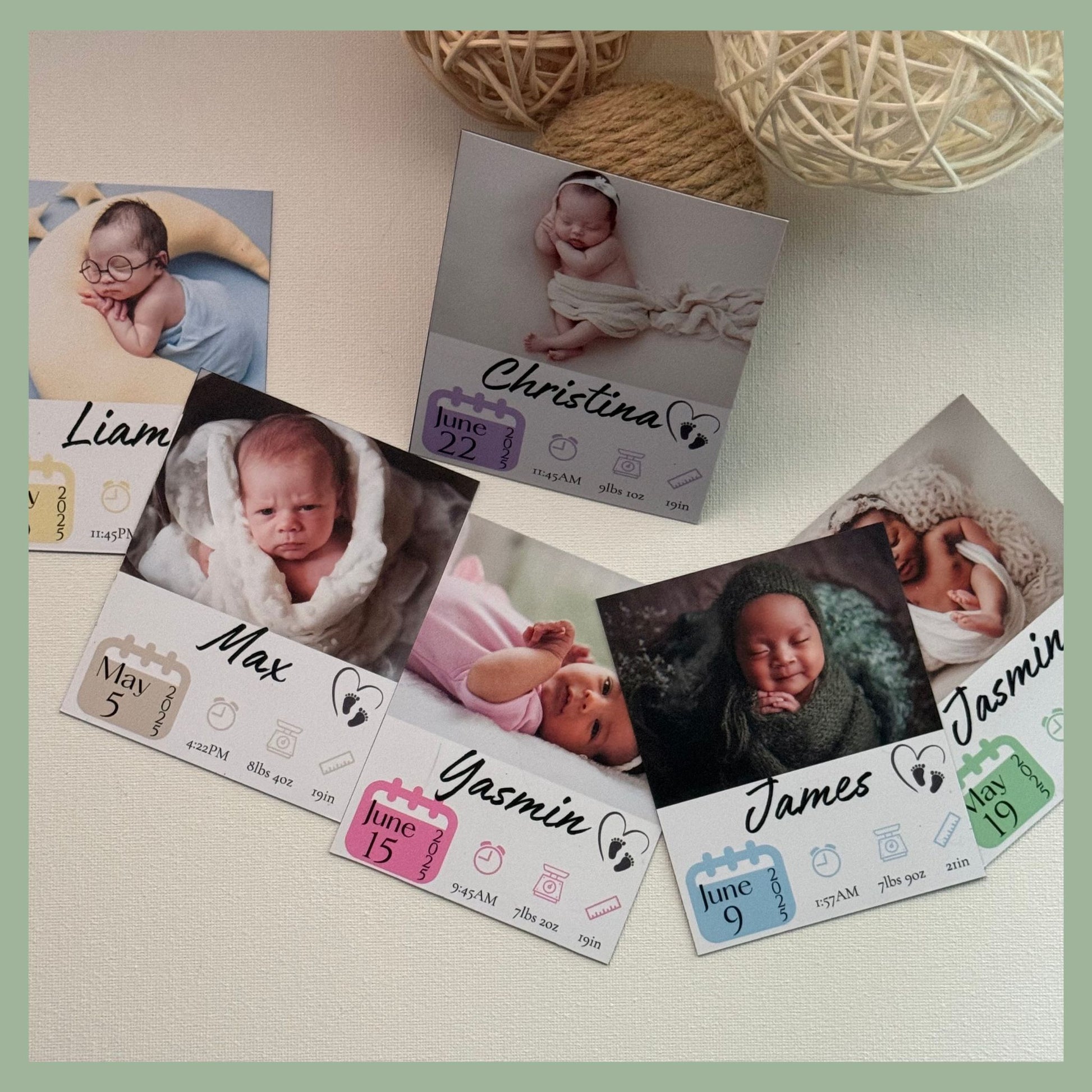Personalized baby announcement photo magnets with newborn photo and custom birth stats
