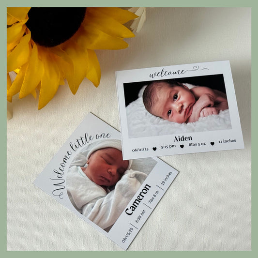 Two custom baby photo magnets featuring newborn birth announcements with name, date, time, and weight details