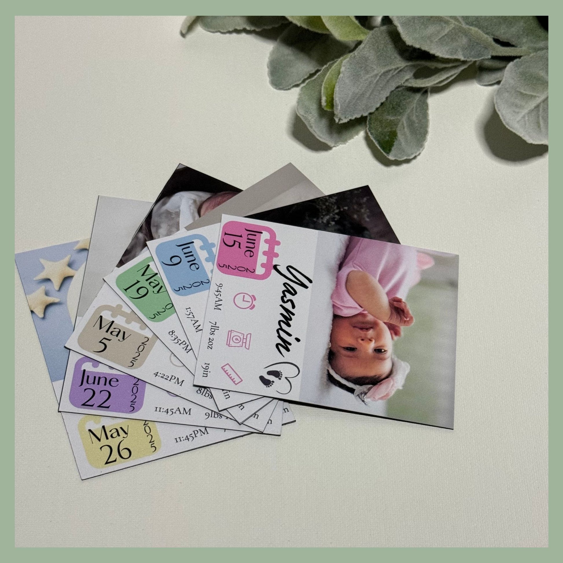 Set of personalized baby birth announcement magnets with custom photo and newborn stats