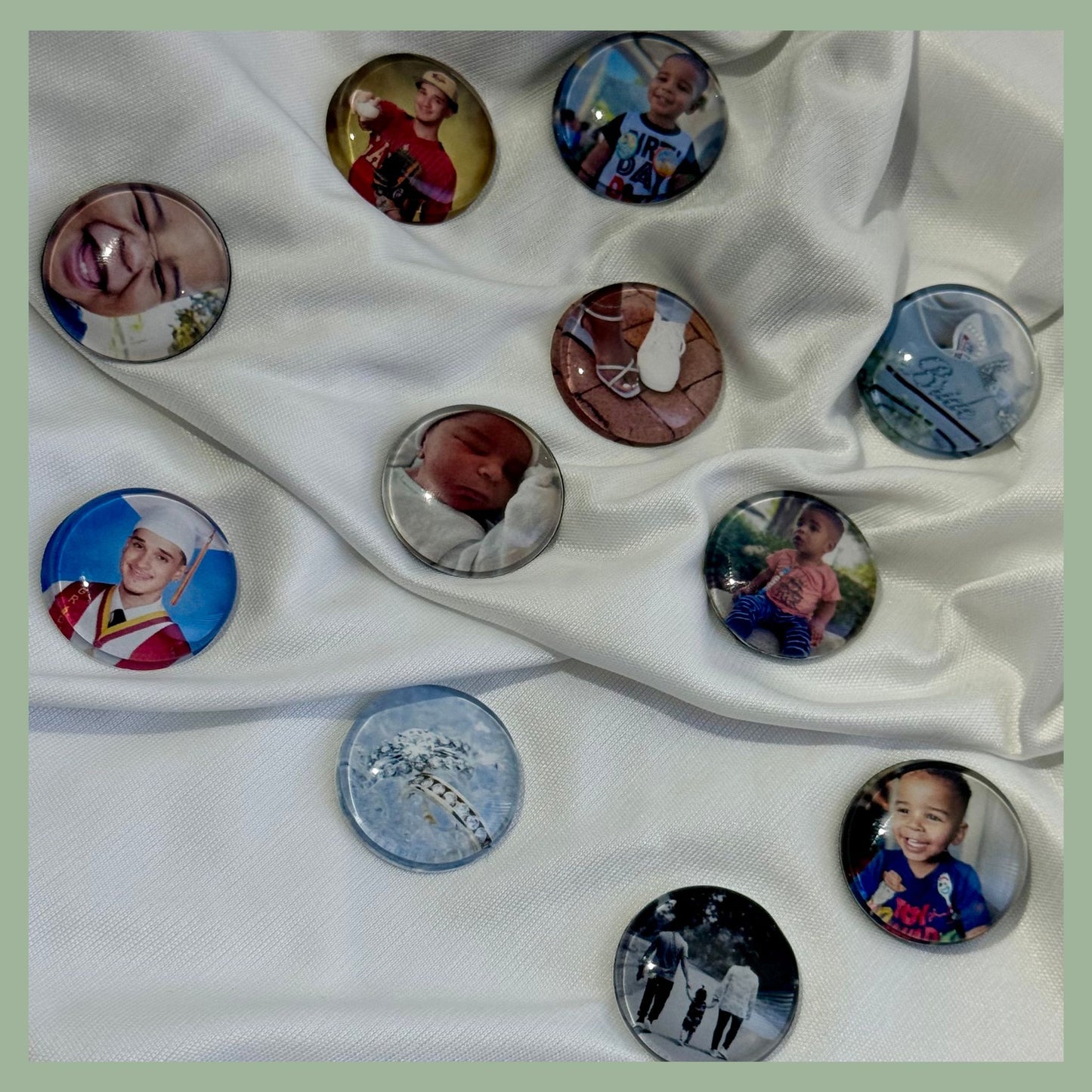Custom glass cabochon photo magnets featuring personal images — handcrafted domed magnets for fridges, gifts, and keepsake decor. Perfect for birthdays, graduations, newborns, and everyday memories.