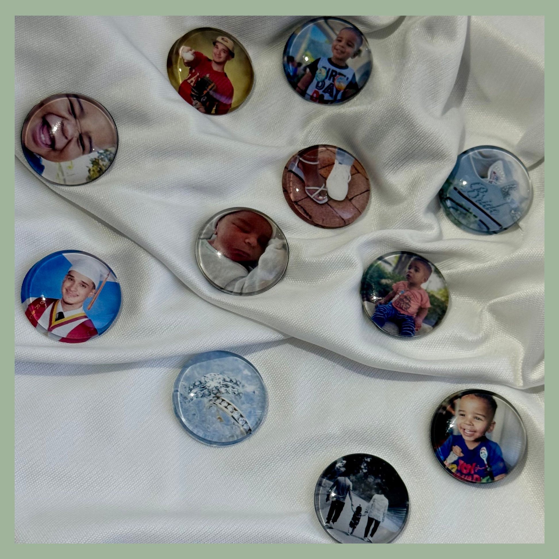 Custom glass cabochon photo magnets featuring personal images — handcrafted domed magnets for fridges, gifts, and keepsake decor. Perfect for birthdays, graduations, newborns, and everyday memories.
