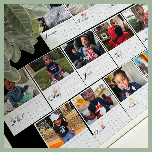 Set of 12 personalized photo calendar magnets displayed with family photos, custom fridge keepsake