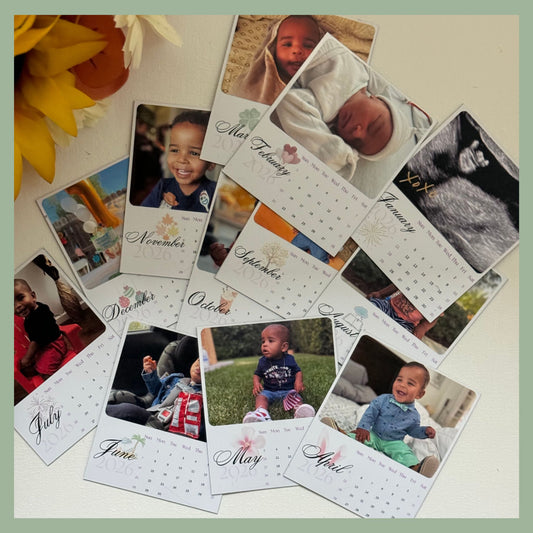 Scattered set of custom photo calendar magnets with monthly family photos, personalized magnetic keepsakes