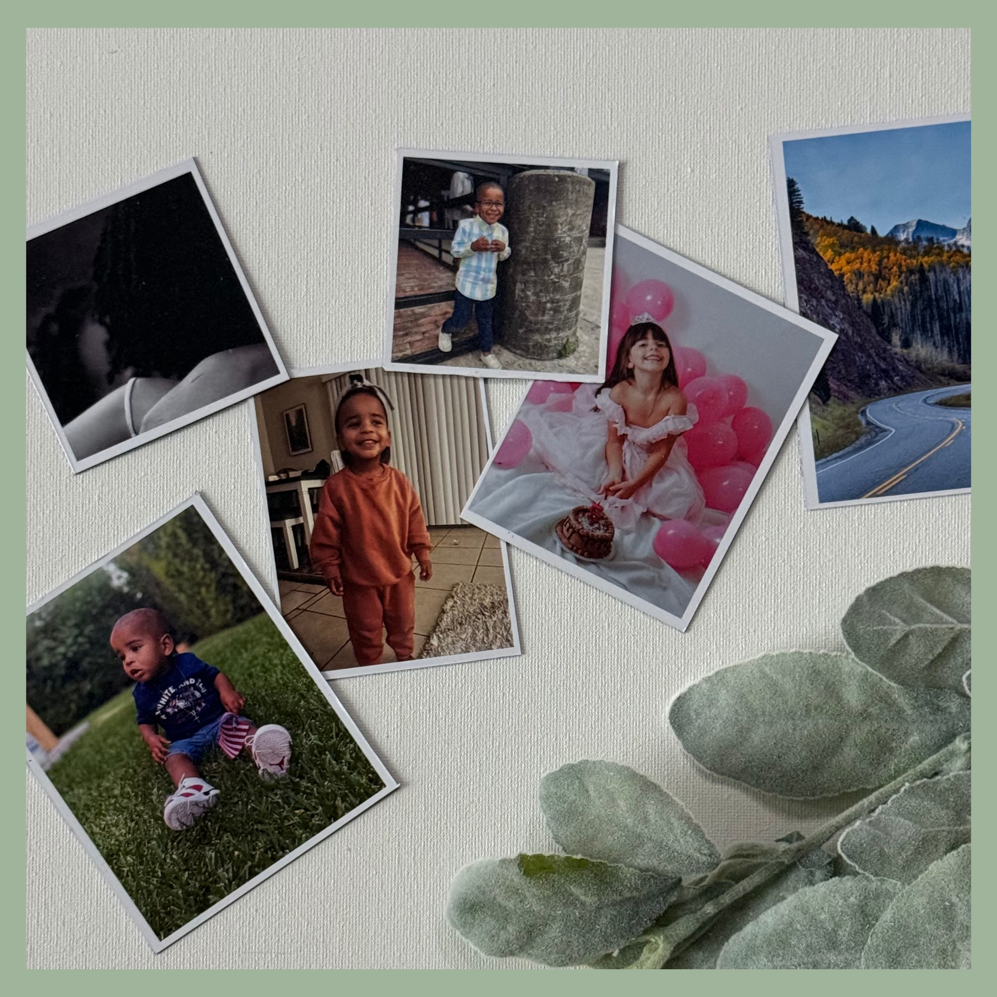 Collection of custom photo magnets in different sizes displayed on white background with plant leaves, personalized photo gifts